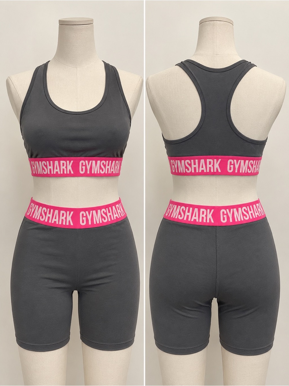 Gymshark Gray Racerback Sports Bra & Shorts Set with Pink Logo Band